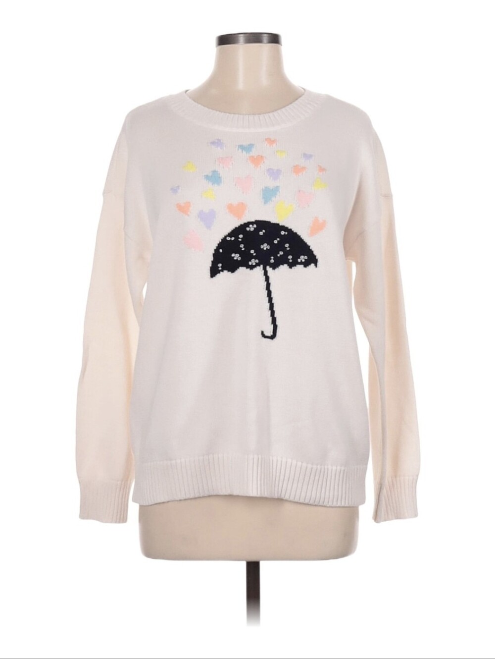 Ann Taylor Cream Crewneck Sweater with Black Umbrella and Pastel Heart Shower